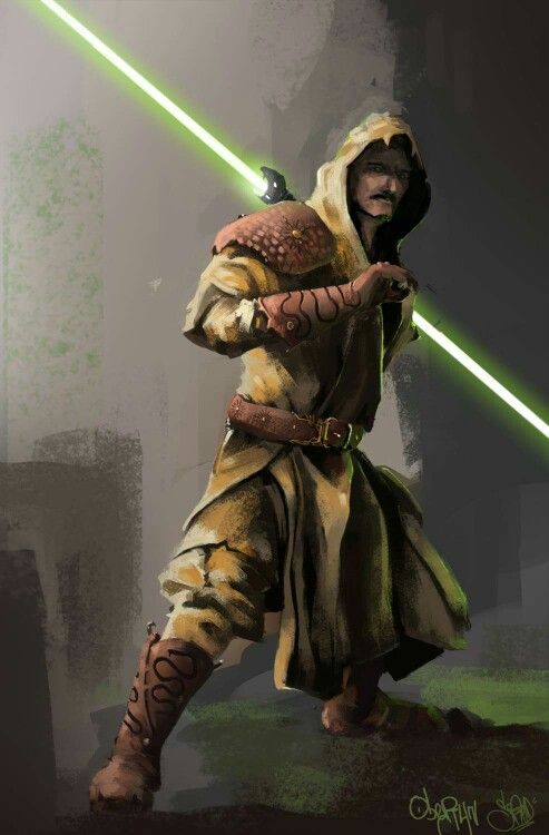 a drawing of a man with a light saber in his hand