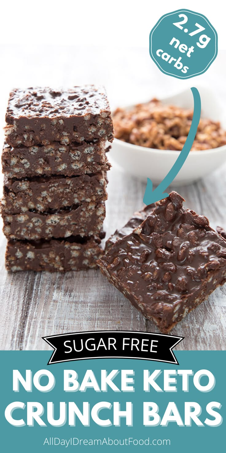 no bake keto crunch bars are stacked on top of each other with the words sugar free