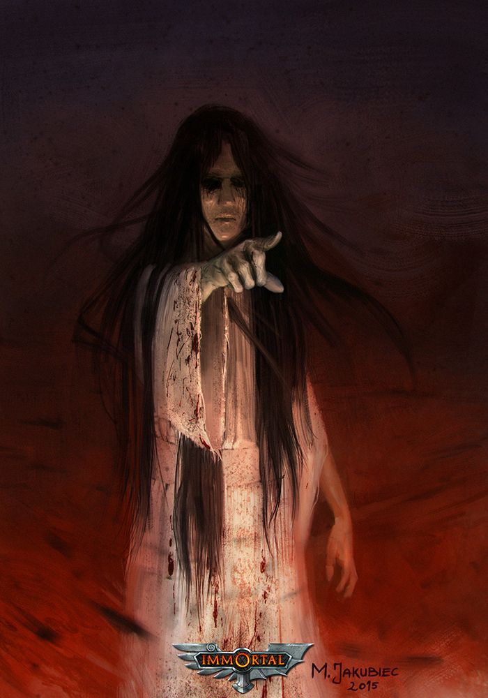 a painting of a woman with long hair and blood on her face, standing in front of a red background