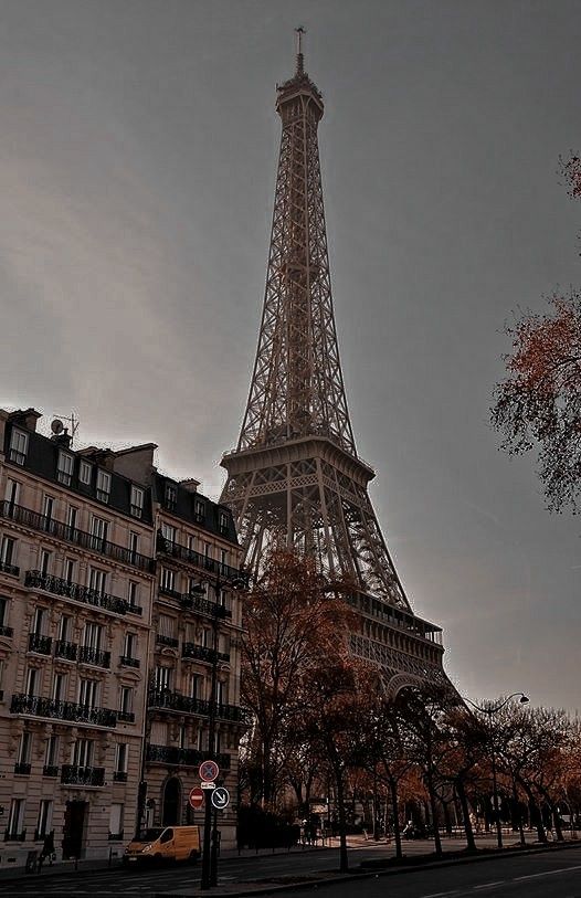 the eiffel tower stands tall in front of some buildings and trees on a cloudy day