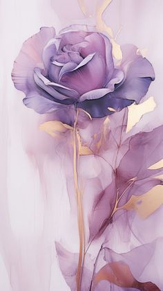 a painting of a purple rose with leaves on the bottom and yellow stems in the middle