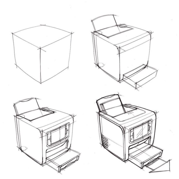 four different views of the same object, including a printer and a box with its lid open