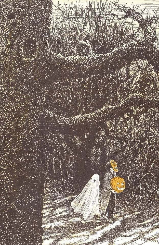 a drawing of two people walking in the woods with pumpkins on their heads and one holding an orange jack - o'- lantern