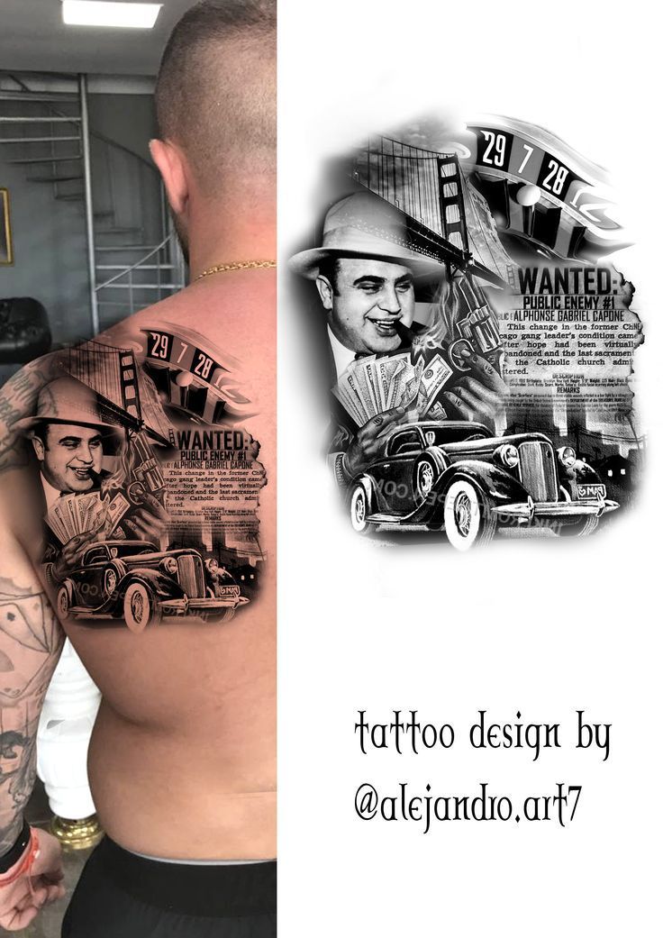 the back of a man's chest with tattoos on it and an image of a car