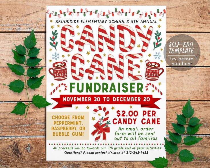 the candy cane fundraiser flyer is displayed on a wooden table with leaves and greenery