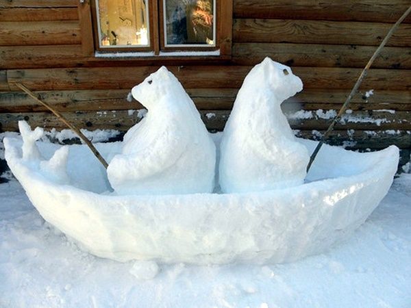 two polar bears sitting in a boat made out of snow outside a log cabin window