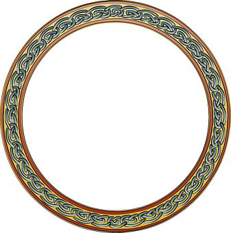 a circular frame with an intricate design on the outside and inside, painted in red, blue, yellow and green