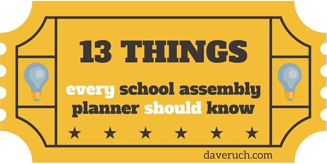 a yellow ticket with the words 13 things every school assembly planner should know on it