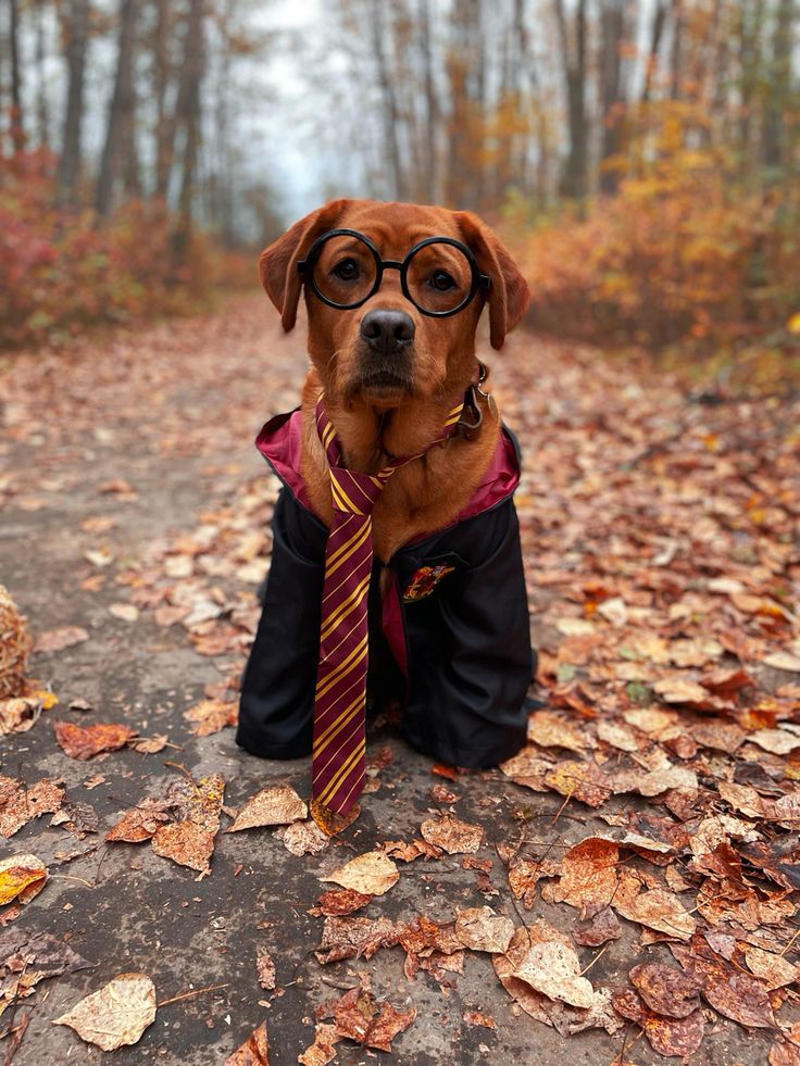 a dog wearing glasses and a tie sitting on the ground with leaves all around him