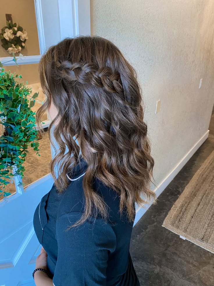 Curls With A Braid Hairstyles, Braid And Curled Hairstyles, Hair Styles Curls And Braids, Braid Hair Bridesmaid, Prom Hairstyles Two Braids, Hoco Hair Braid And Curls, Hoco Hair Down With Braid, Prom Hair With Braid Down, Down Do With Braid