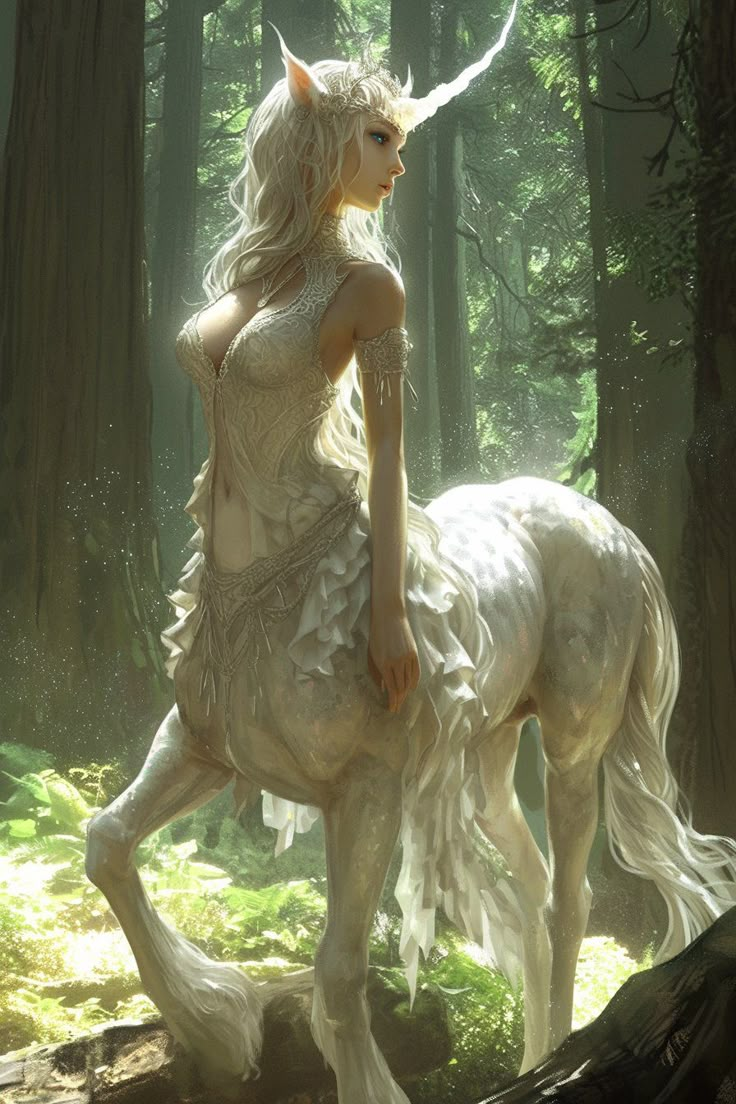 a woman riding on the back of a white horse through a forest filled with trees