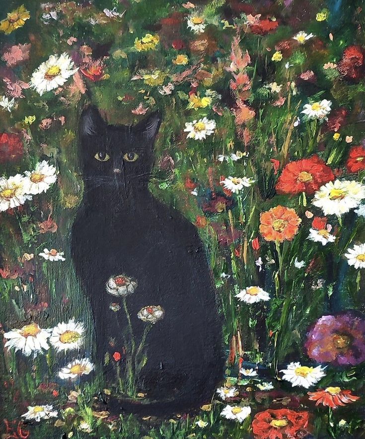 a painting of a black cat sitting in a field of wildflowers and daisies