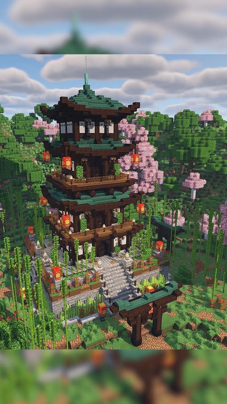 an image of a building in the middle of some trees and bushes with flowers on it