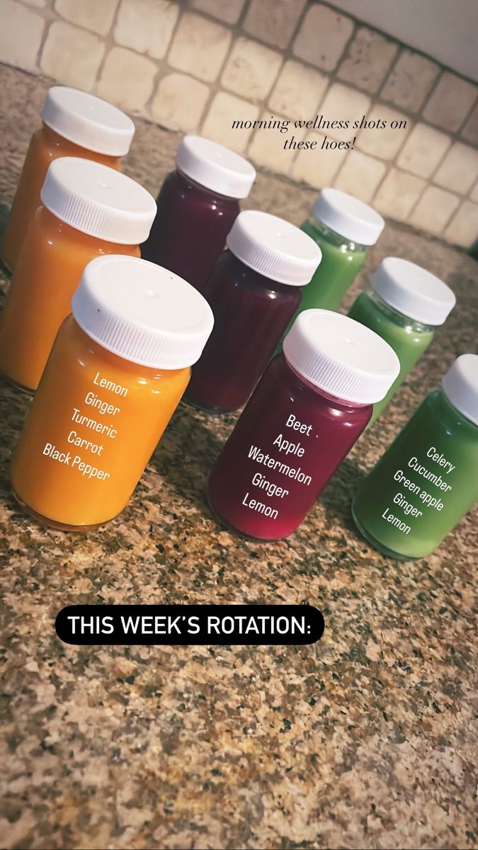 there are many bottles of juice on the counter with words below them that read, this week's rotation