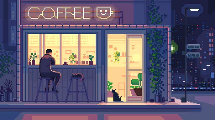 a man sitting at a table in front of a coffee shop with a cat on the floor