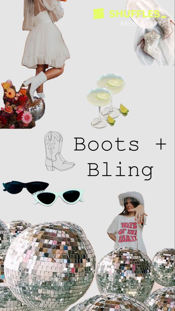 the cover of boots and bling is shown with disco balls, sun glasses, hats, and flowers