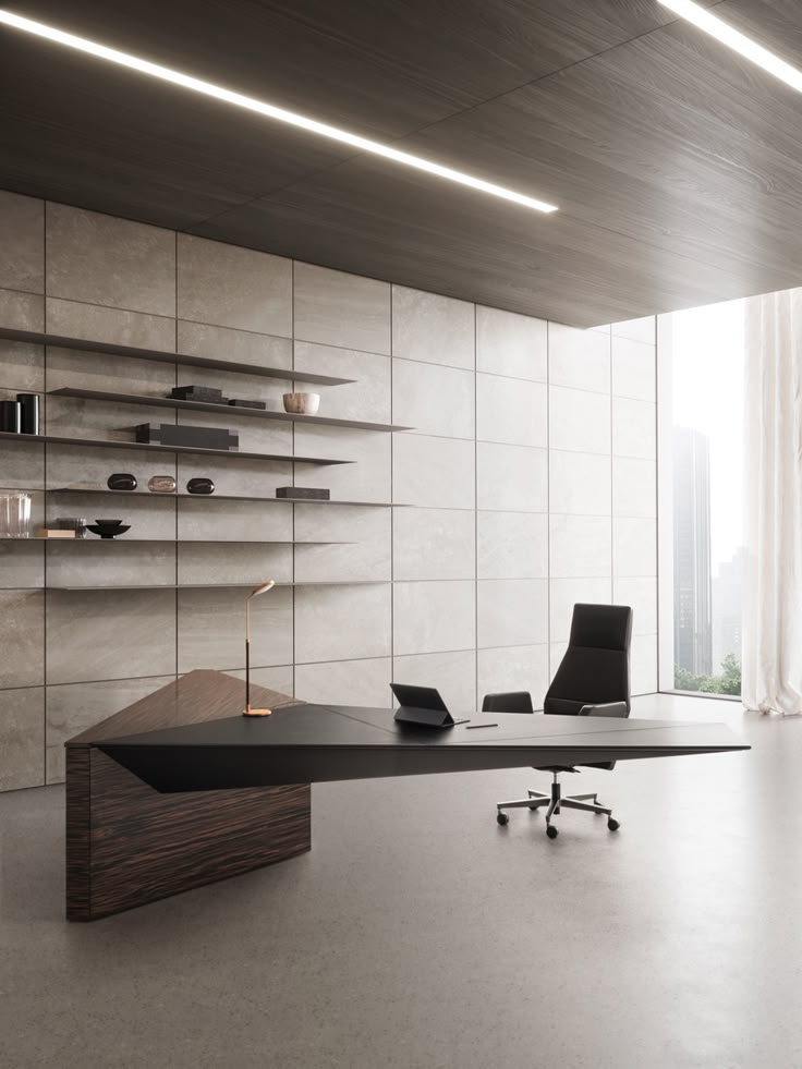 an office with a desk, chair and book shelf in the middle of the room