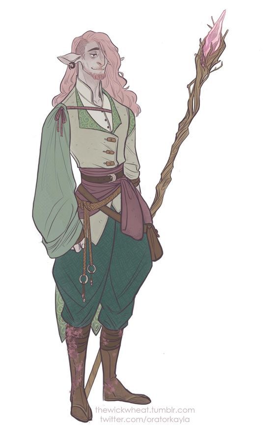 a drawing of a man with pink hair holding a stick and wearing a green outfit