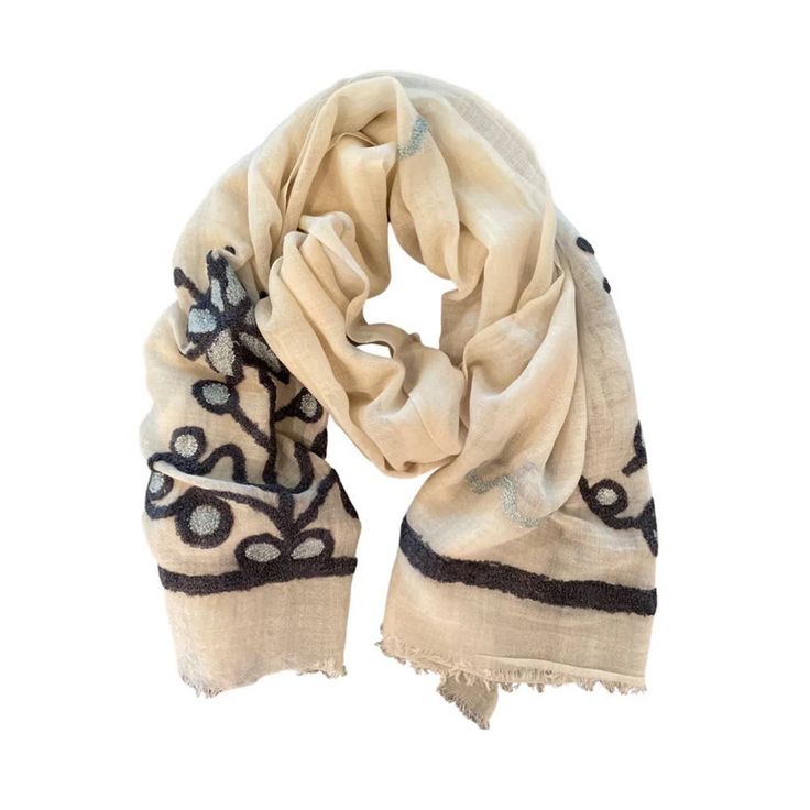 Sidney Byron Boucl Flower Scarf in Cream 100% soft wool Measures 77" x 30" Made in India Light weight cream wool with a Boucl embroidered vine and flower border. The perfect for any outfit while also making travel chic. Sidney Byron Boucl Flower Scarf in Cream 100% soft wool Measures 77" x 30" Made in India Light weight cream wool with a Boucl embroidered vine and flower border. The perfect for any outfit while also making travel chic.   × × × × × × × Shipping info Click the Shipping & Payments Cream Shawl, Cream Scarf, Beach Shawl, Travel Chic, Summer Shawl, Travel Scarf, Flower Scarf, Scarf For Women, Large Scarf