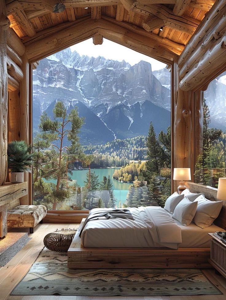 a large bed sitting under a window next to a wooden wall covered in snow capped mountains