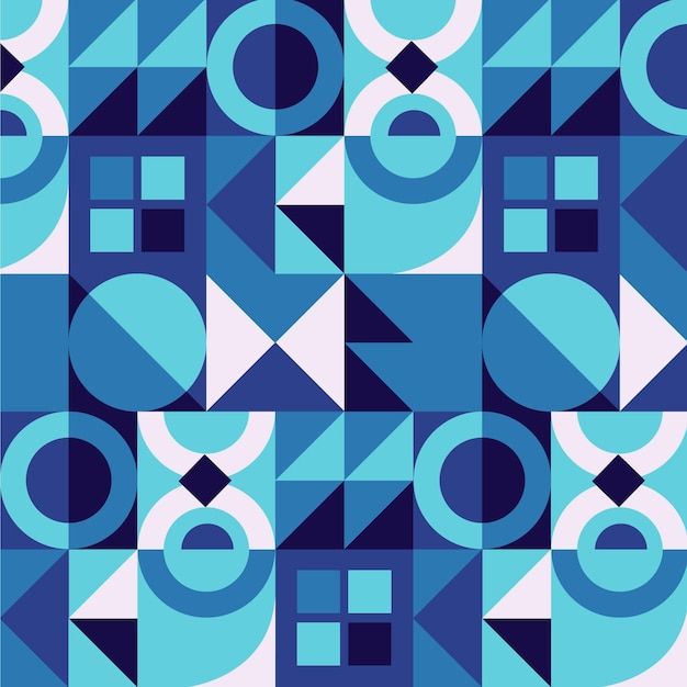 an abstract blue and white pattern with circles, squares, and rectangles on it