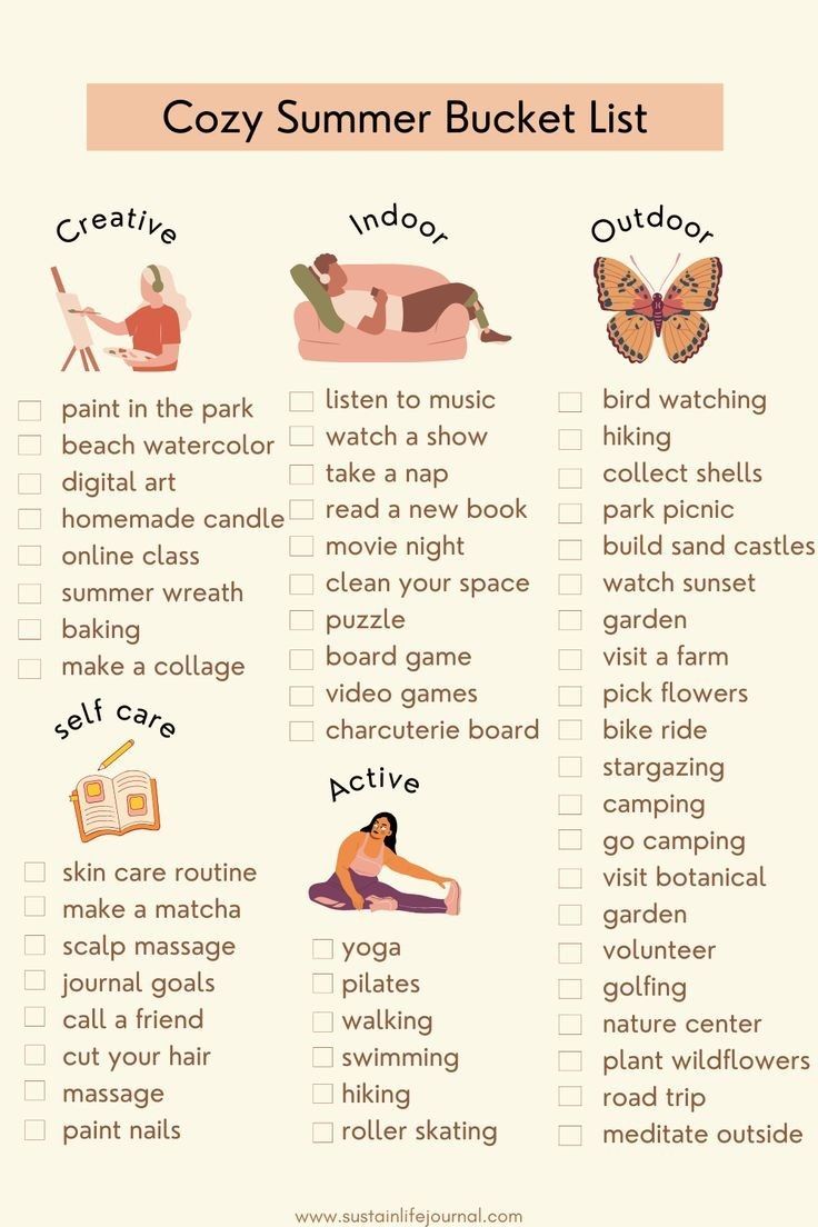 a poster with the words cozy summer bucket list