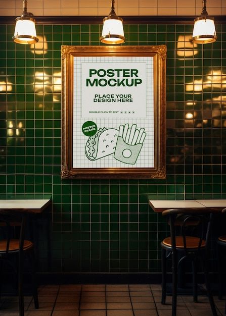 a green tiled restaurant with two tables and posters on the wall