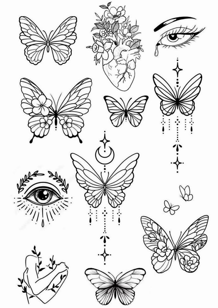 butterfly tattoos with different designs on the upper part of their wings and eye, which are drawn