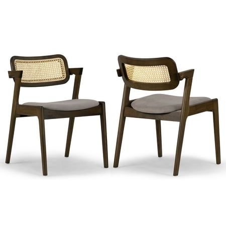 two wooden chairs with grey upholstered back and seat cushions, one on the other side