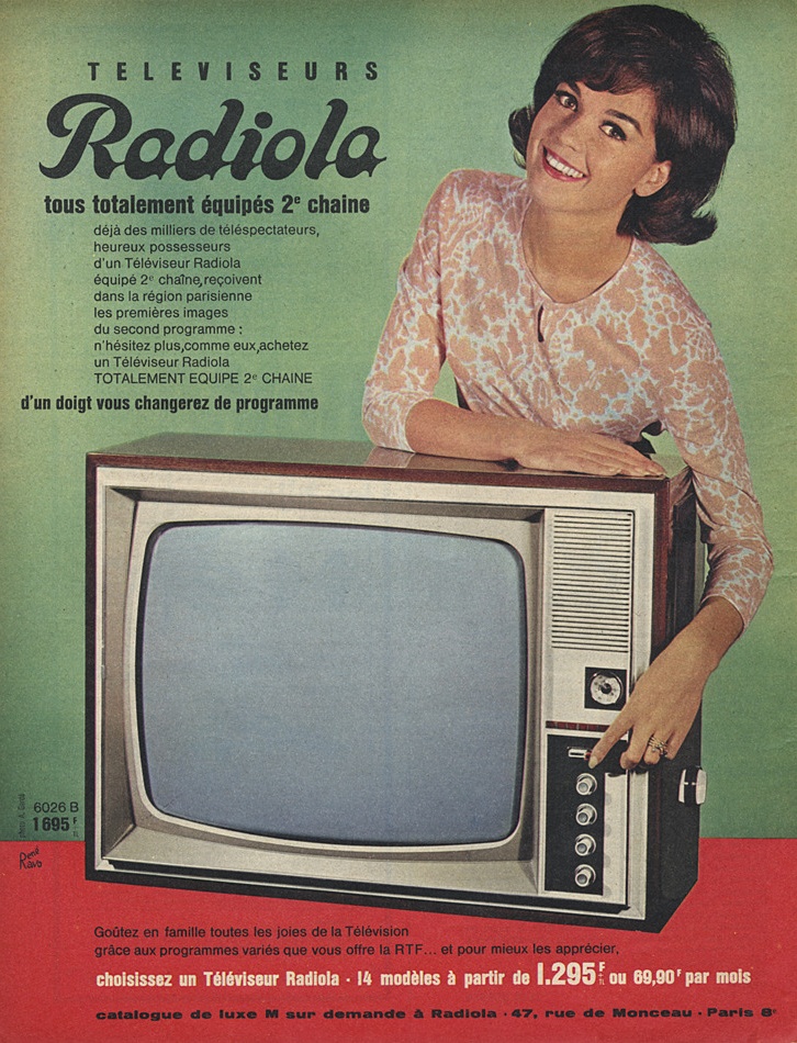 an old television advertisement with a woman leaning on it