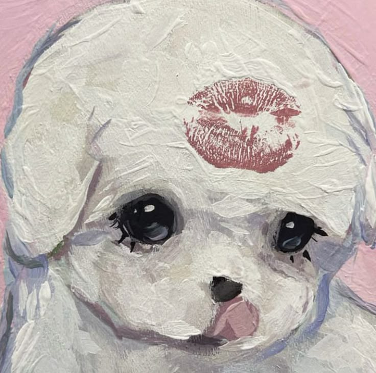 a painting of a white dog with lipstick on it's face