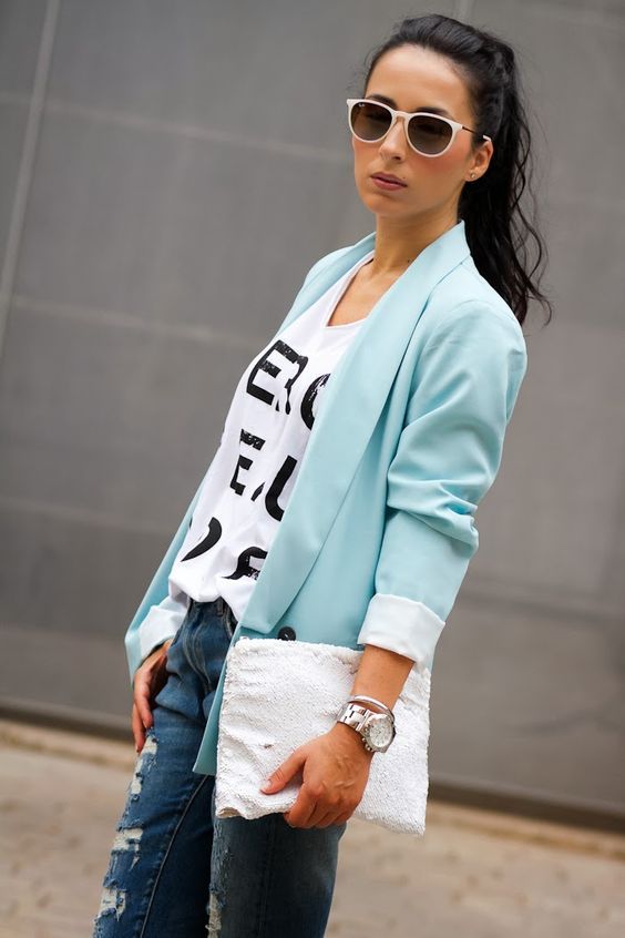 Blazer Verde Mint  #Blazer #VerdeMint #OutfitIdea #LooksGood #Outfits Light Blue Blazer Outfits For Women, Mint Blazer Outfit, Light Blue Blazer Outfit, Blue Blazer Outfits For Women, Mint Blazer, Blue Blazer Outfit, Blazer Verde, Light Blue Blazer, Casual Oufits