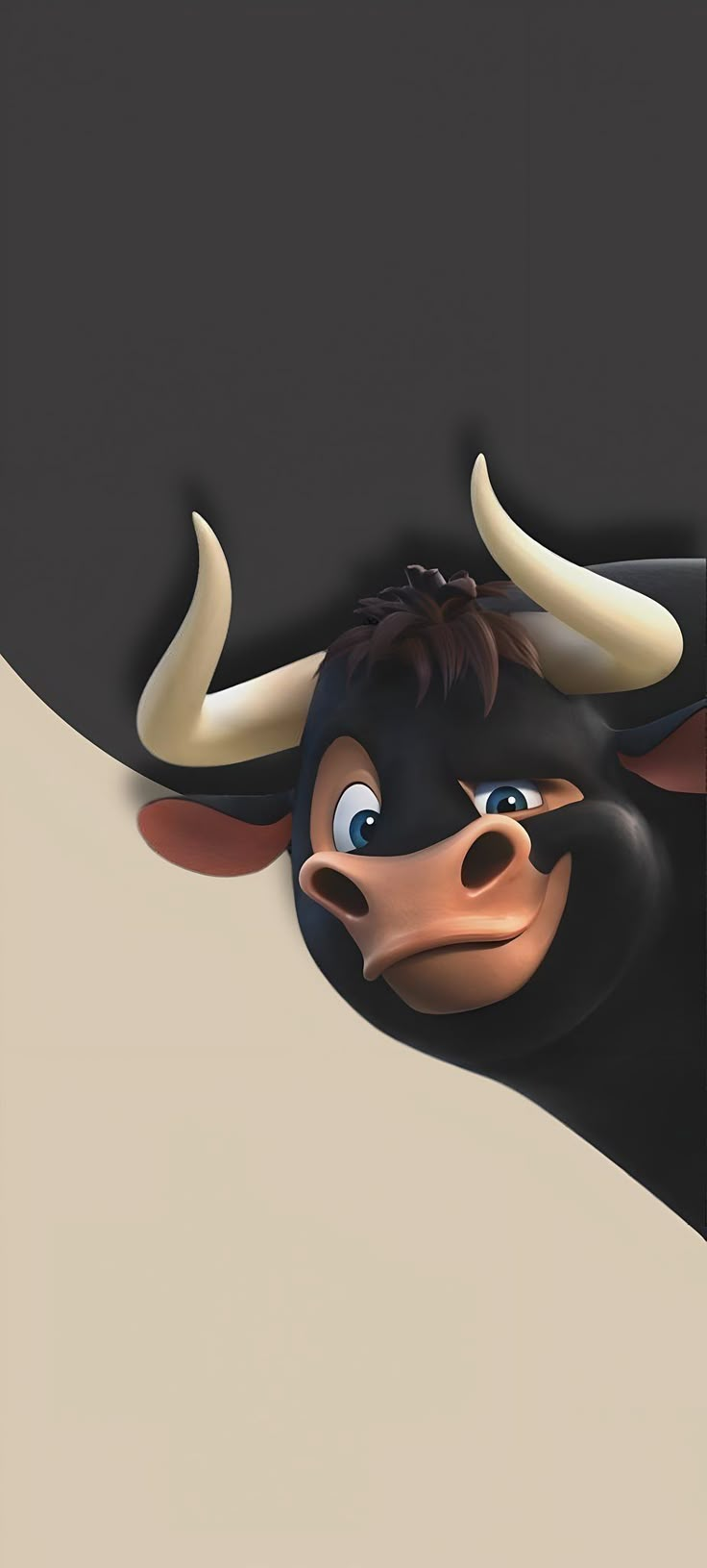 an animated bull with horns peeking out from behind a black wall and tan flooring