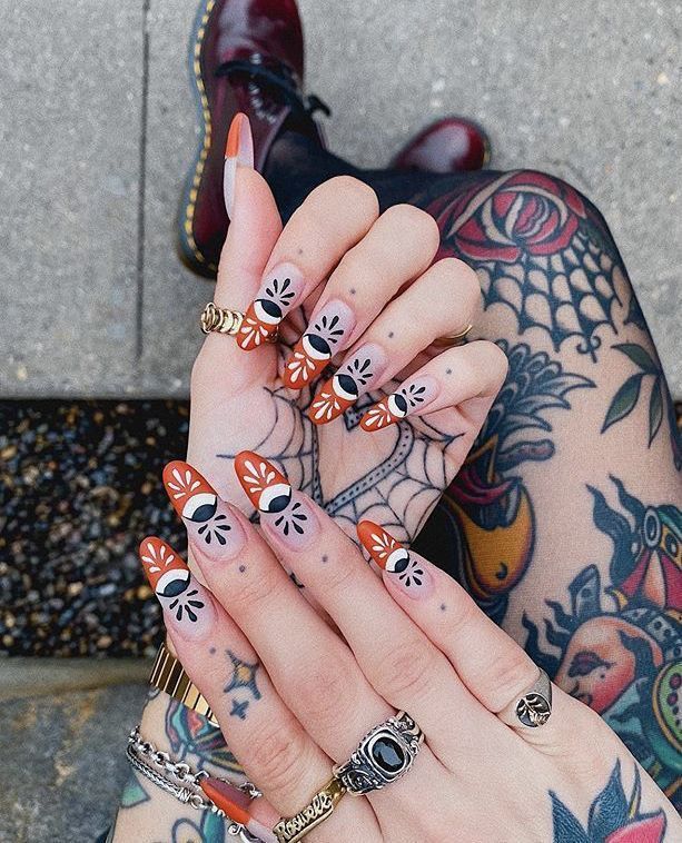 Mismatch French Nails, Moody Acrylic Nails, Polymer Gel Nails, Nail Art Acrylic Paint, Human Branding Design, Tattoo Day Outfit, Short Stiletto Nails Summer, Orange Evil Eye Nails, Moody Summer Nails