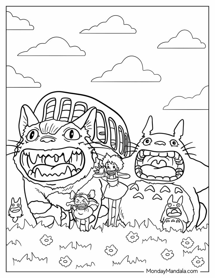 an adult coloring page with two cartoon characters in front of a large monster and other animals