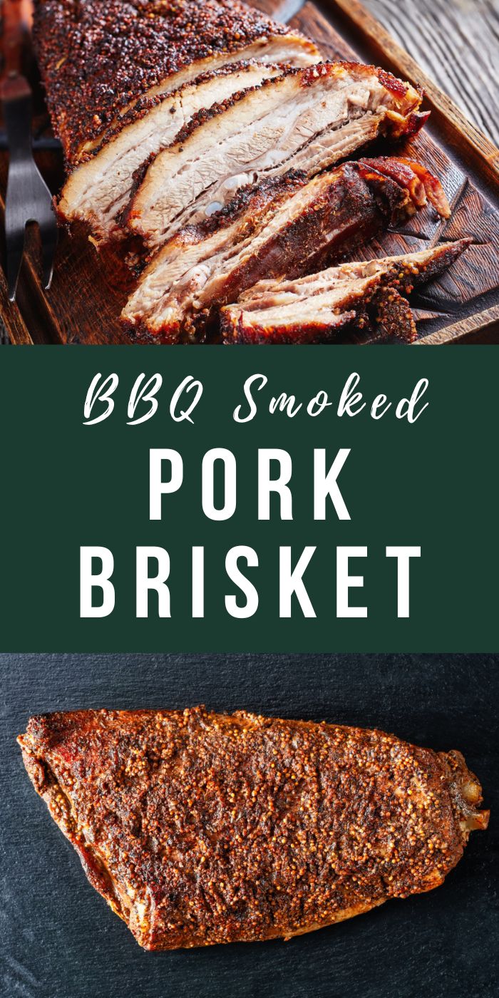 bbq smoked pork brisket on a cutting board with text overlay that reads bbq smoked pork brisket