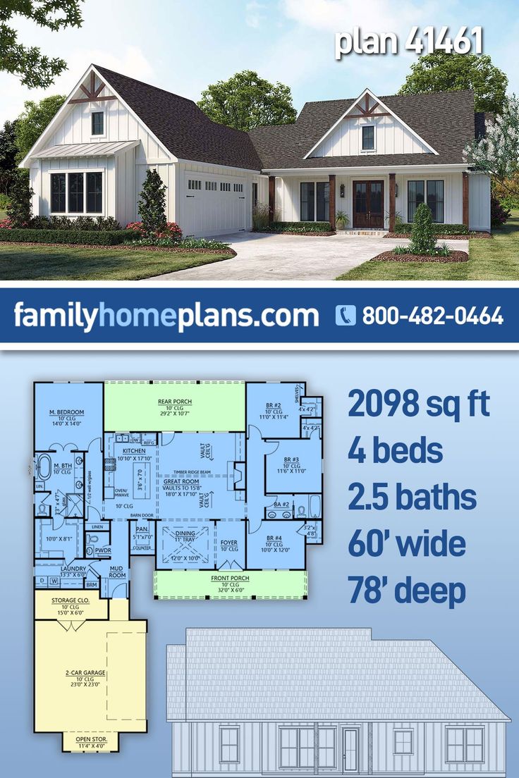 two story house plan with 3 beds, 2 baths and 4 wide 78'deep