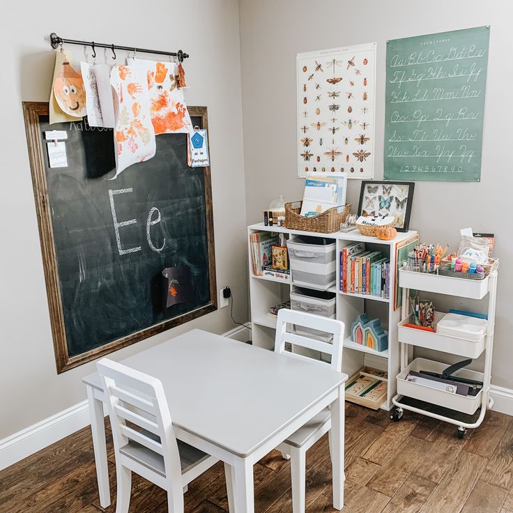 a white table and chairs in front of a chalkboard