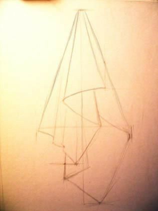 a pencil drawing of a sailboat on a white paper with a red light in the background