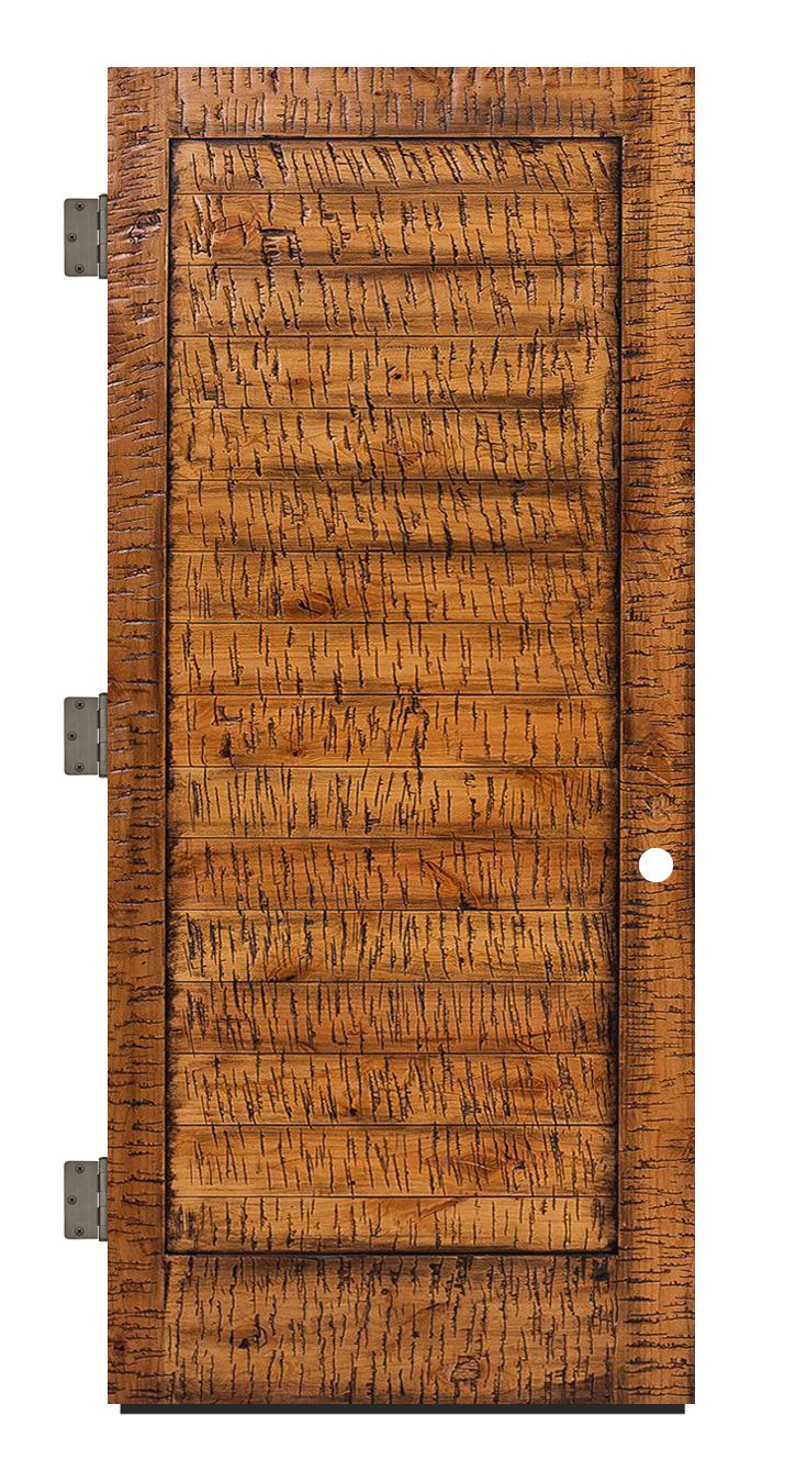 an image of a wooden door with metal studs on the bottom and side panels