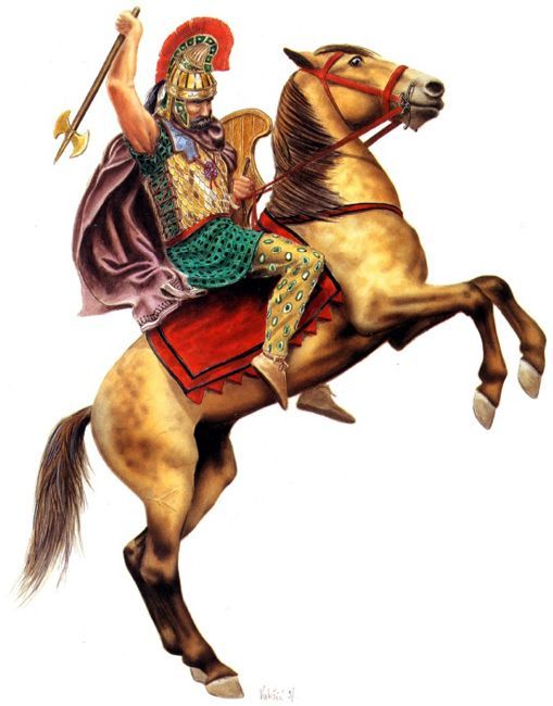 a man riding on the back of a brown horse next to a white wall and holding a spear