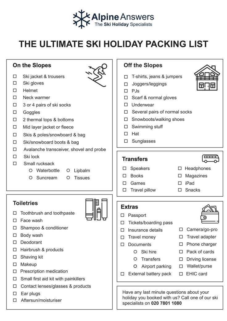 the ultimate ski holiday packing list is shown in this printable checklist for skiers and snowboarders