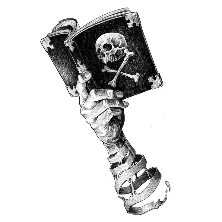 a black and white drawing of a hand holding a book with a skull on it