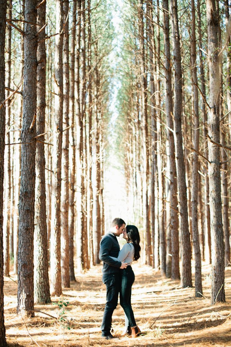 a man and woman standing in the middle of a forest with tall trees behind them