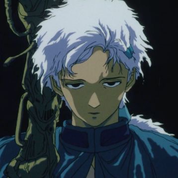 an anime character with white hair and blue eyes wearing a black outfit, holding a snake in his hand