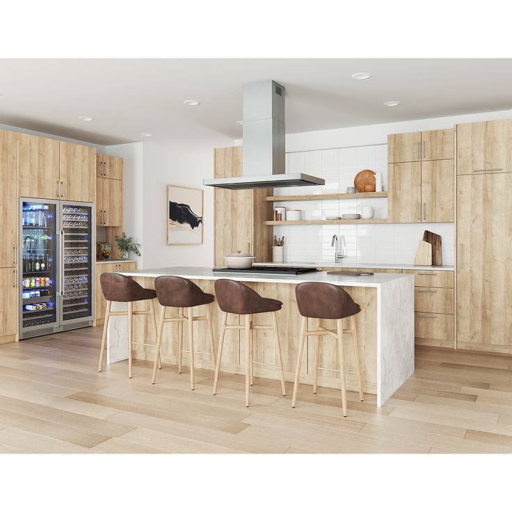 a kitchen with wooden cabinets and bar stools