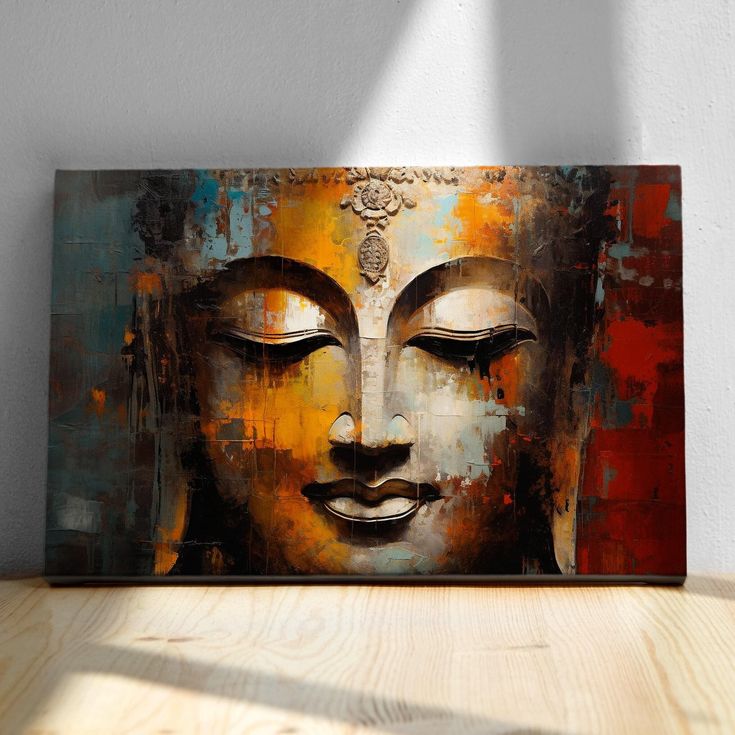 a painting of a buddha face on a wooden table