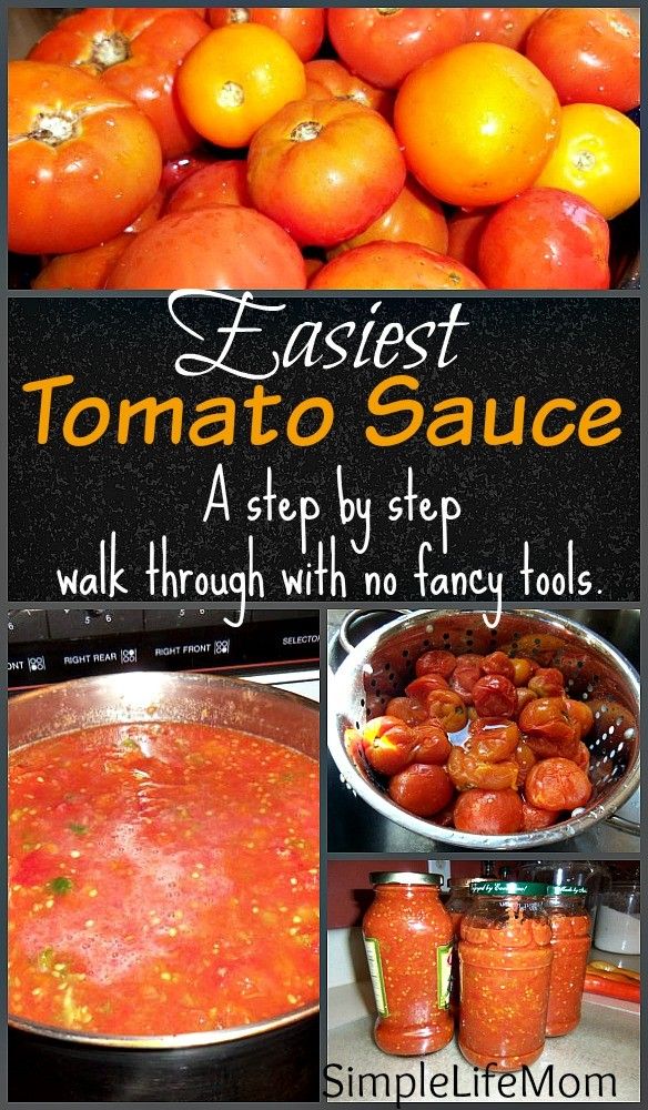 an image of tomato sauce being made in the kitchen with text overlay that reads easy tomato sauce