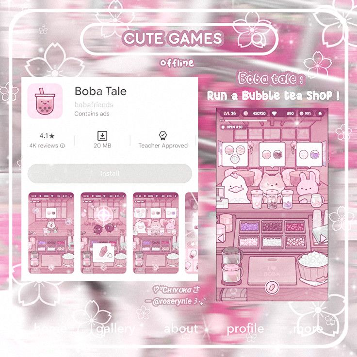 the cute game features pink and white items