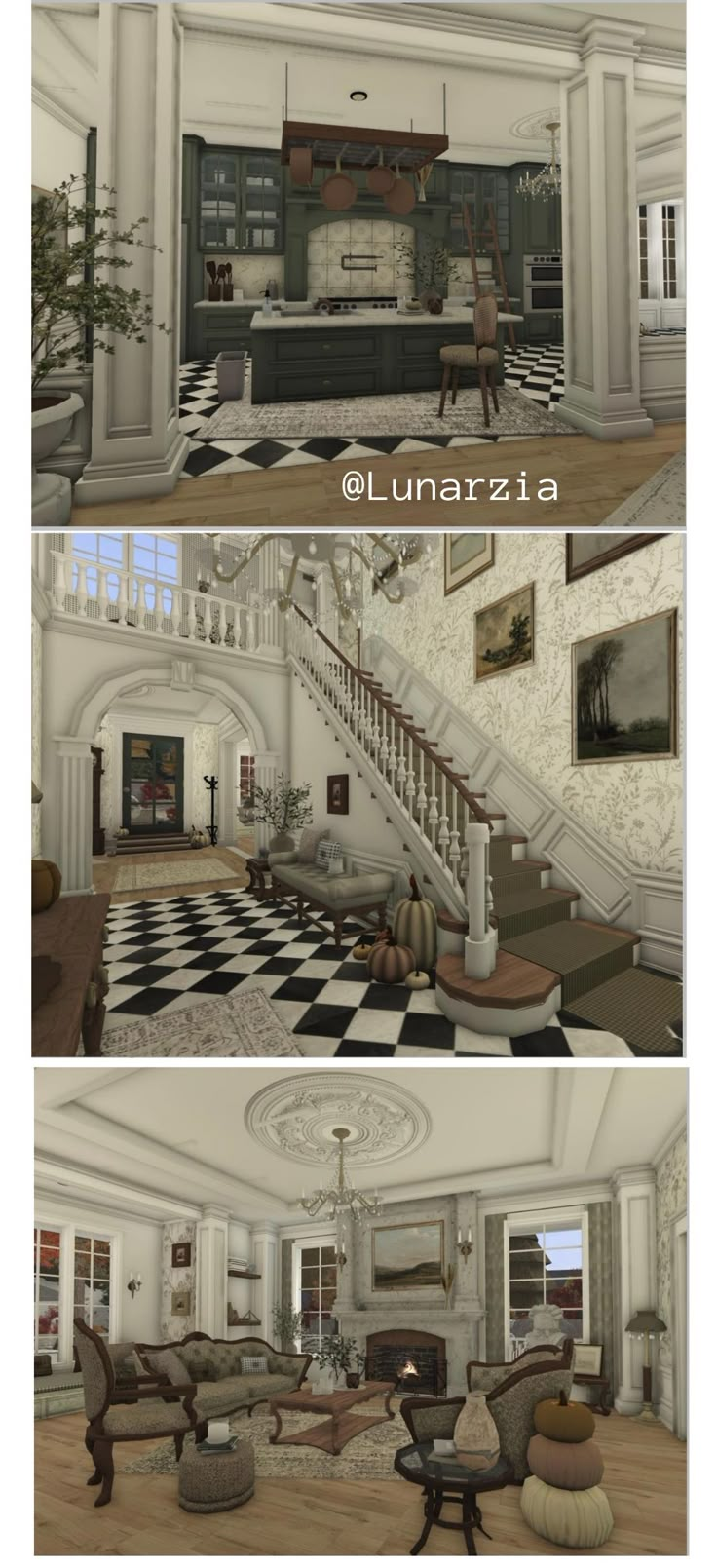 two different views of a living room with stairs